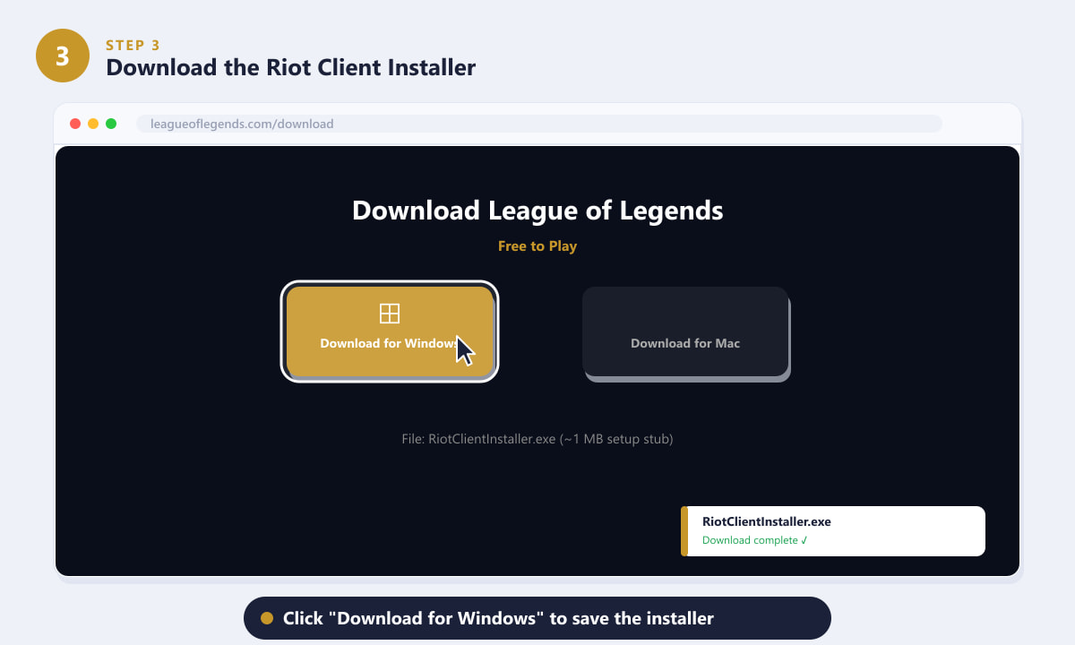 League of Legends download page showing the Download for Windows button
