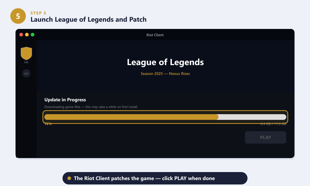 Riot Client showing League of Legends downloading with a progress bar at 72 percent
