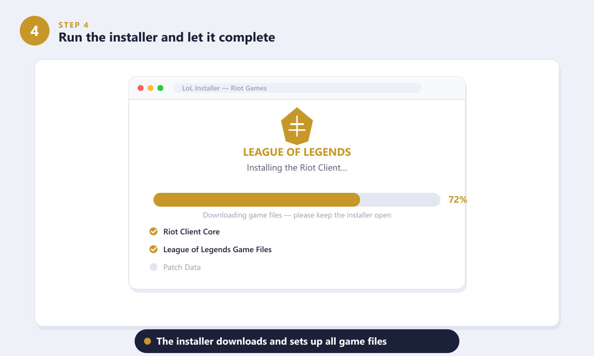 Rularea programului de instalare League of Legends cu o bară de progres care arată o finalizare de 72%