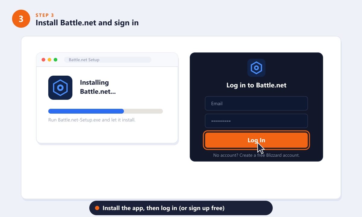 Installare l'app Battle.net ed effettuare l'accesso con un account Blizzard