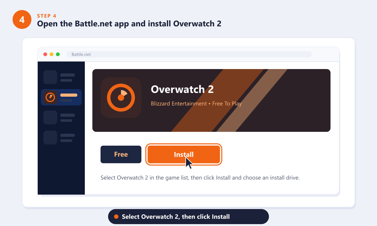 Seleziona Overwatch 2 nell'app Battle.net e fai clic su Installa