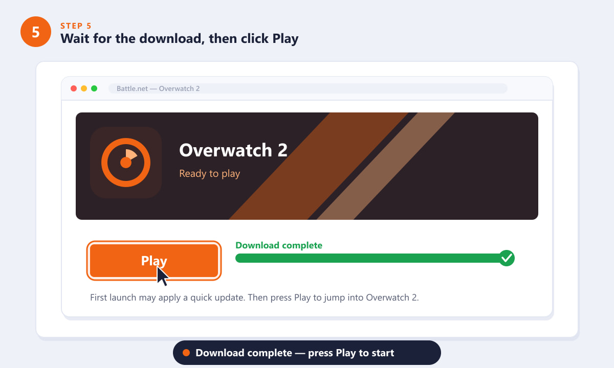 Download di Overwatch 2 completato su Battle.net, il pulsante Gioca è pronto.