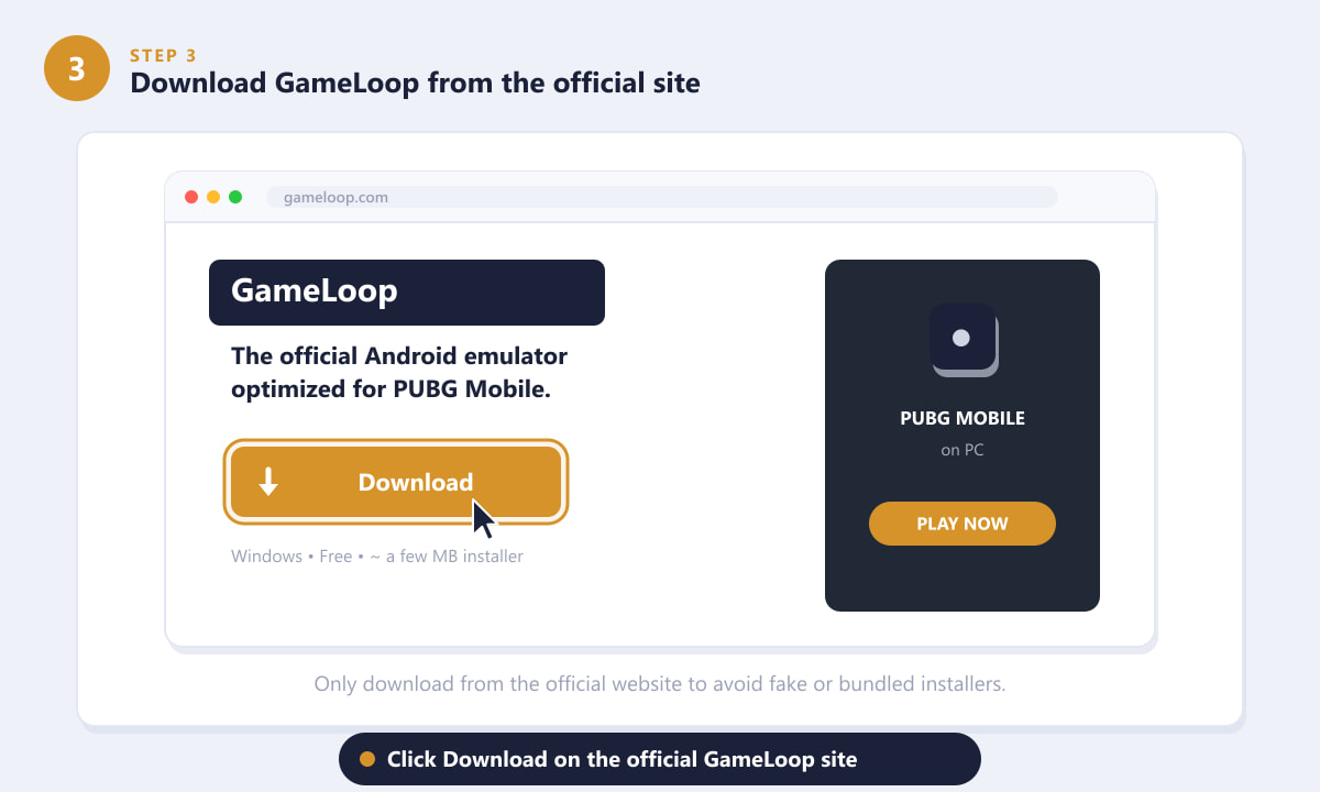 Baixe o emulador GameLoop do site oficial para instalar o PUBG Mobile no PC.