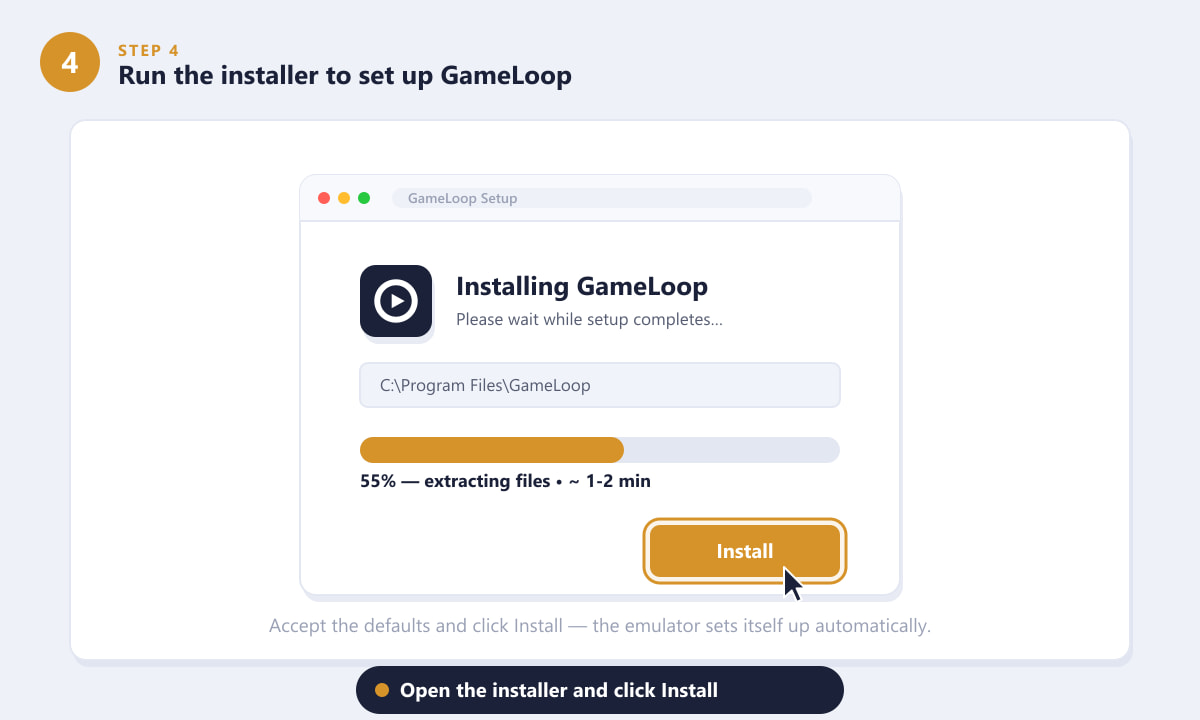 Execute o instalador do GameLoop e clique em Instalar para configurar o emulador no PC.