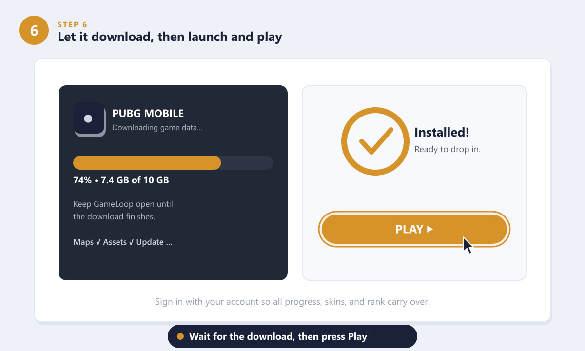 O download do PUBG Mobile no GameLoop está sendo finalizado e o botão "Jogar" já está pronto para ser lançado no PC.