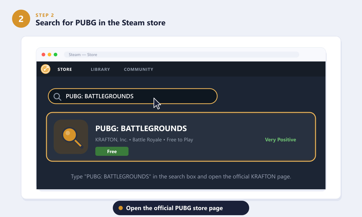 Searching for PUBG BATTLEGROUNDS in the Steam store
