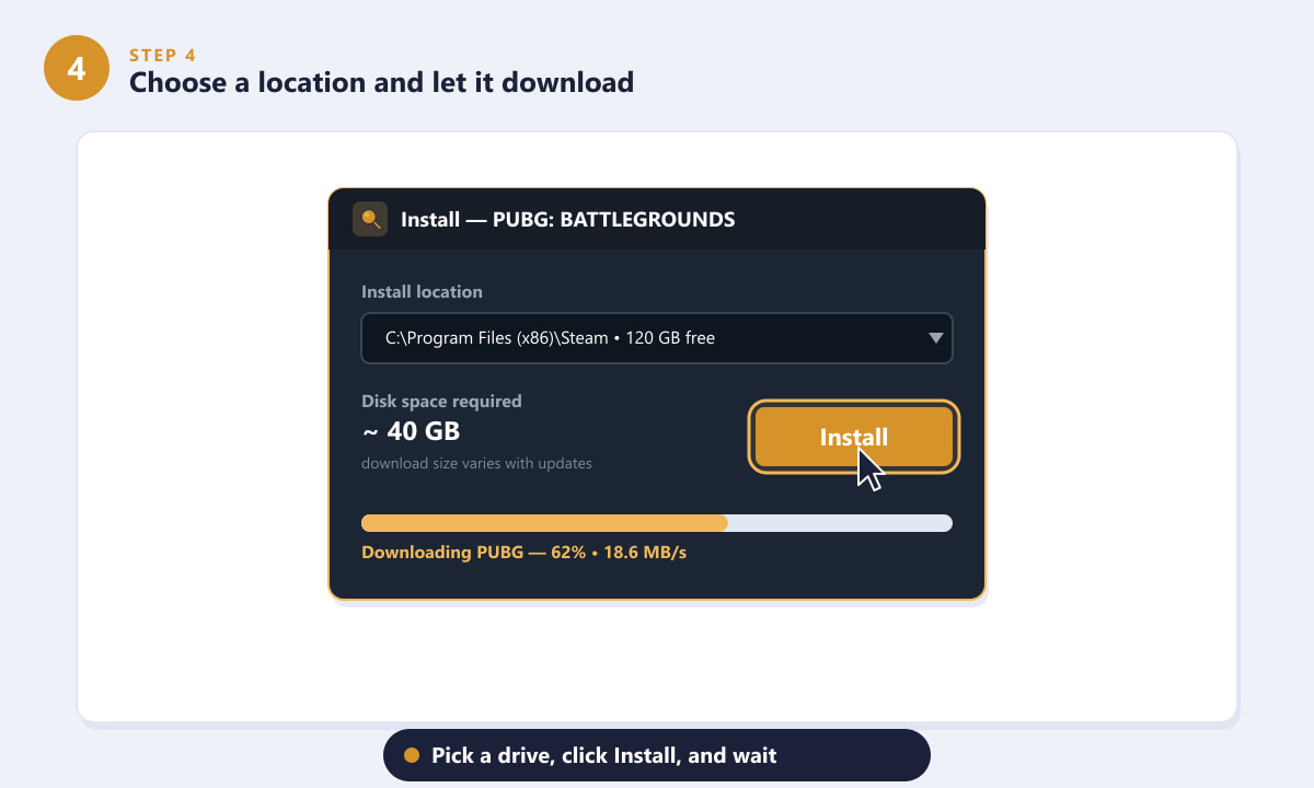 Choosing an install location and downloading PUBG on Steam