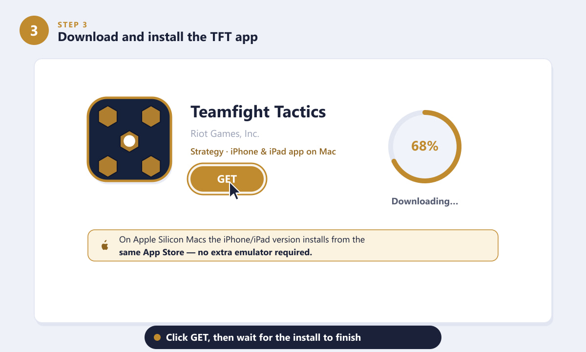 Downloading and installing the Teamfight Tactics app on Mac with the GET button