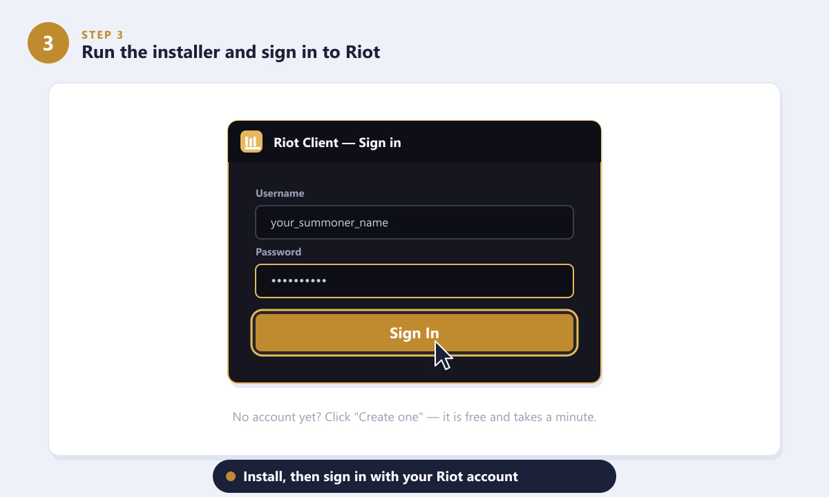 Signing in to the Riot Client after running the TFT installer