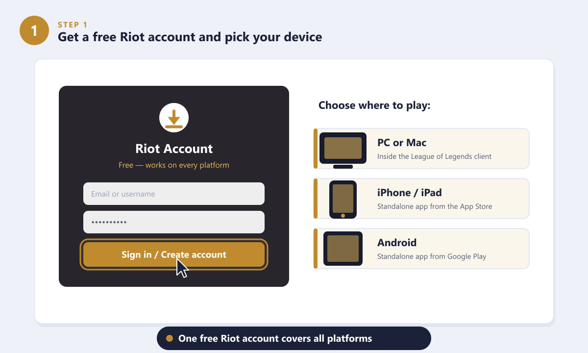 Creating a free Riot account and choosing a platform to download TFT
