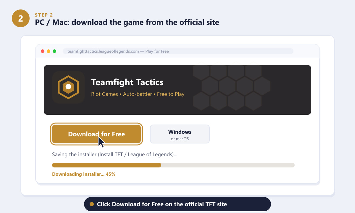 Downloading the free TFT installer from the official Teamfight Tactics website on PC