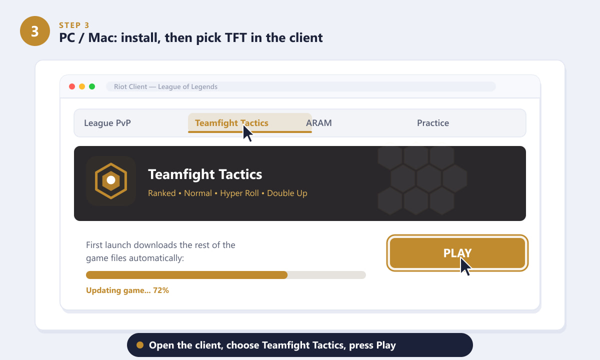 Selecting Teamfight Tactics in the League of Legends client and pressing Play