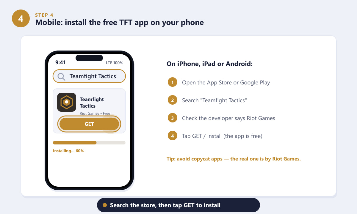 Installing the free Teamfight Tactics app from the App Store or Google Play