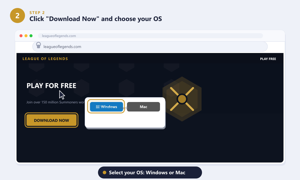 Haz clic en "Descargar ahora" en el sitio web de League of Legends y selecciona Windows o Mac.