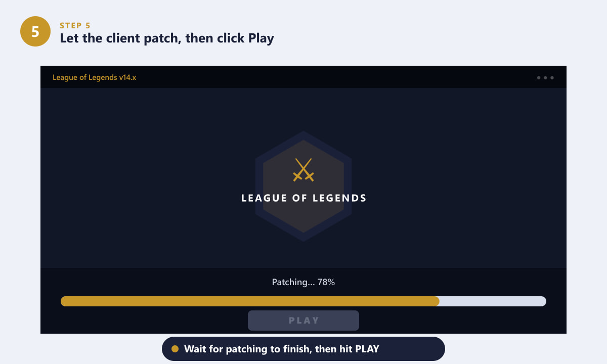El cliente de League of Legends muestra una barra de progreso de actualización antes de que el botón Jugar se active.