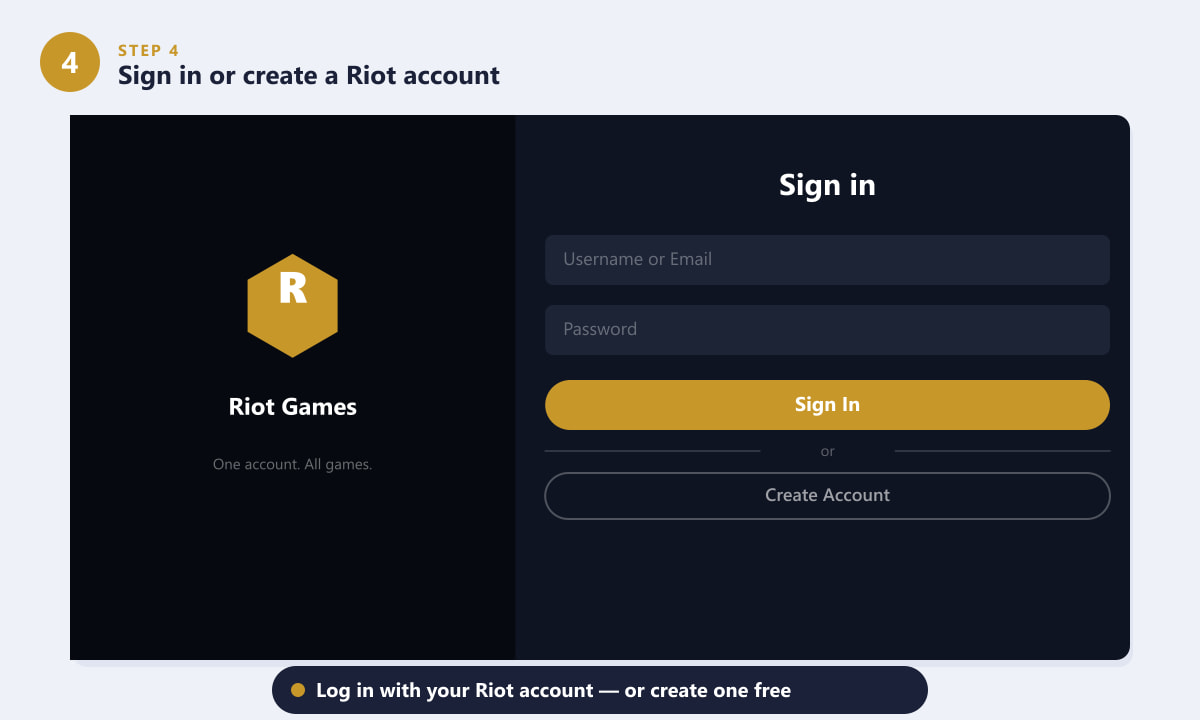 The Riot Client sign-in screen with username and password fields and a Create Account option