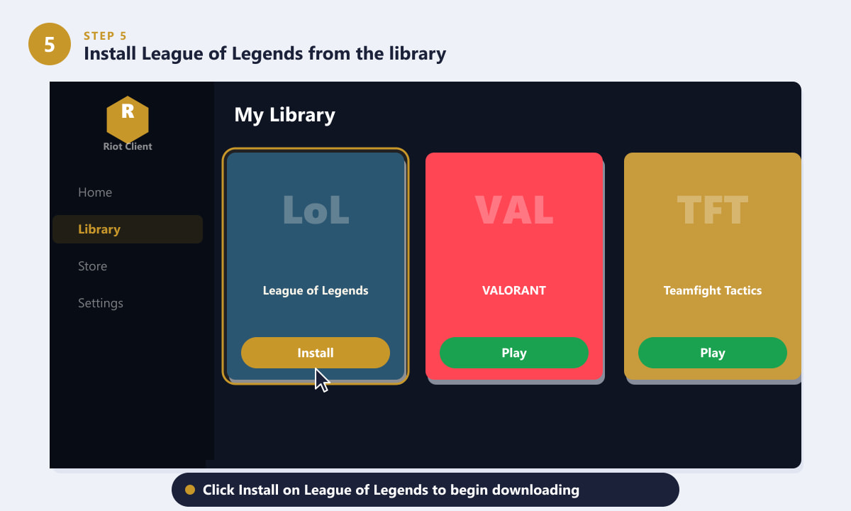 The Riot Client library showing League of Legends with an Install button highlighted