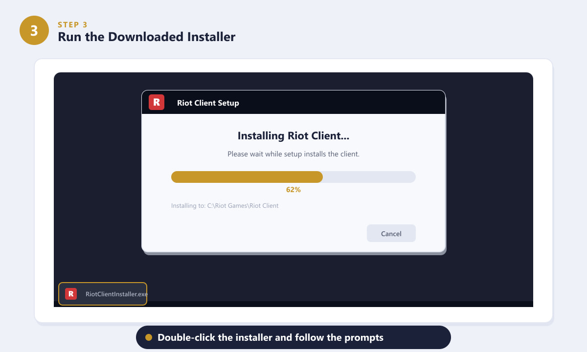 執行 Riot 用戶端安裝程序，進度條顯示 62%。