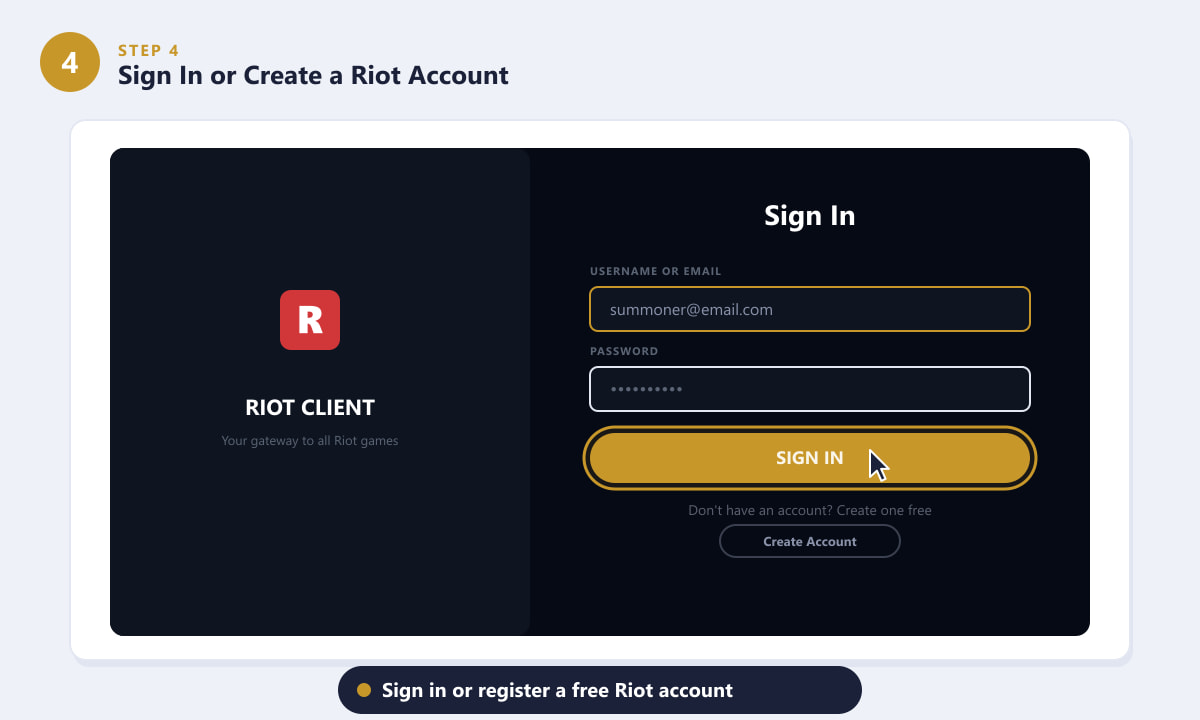 Riot用戶端登入介面－輸入您的Riot帳號憑證或建立一個新帳號