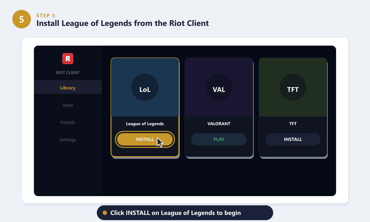 Riot 用戶端程式庫中，《英雄聯盟》安裝按鈕會高亮顯示。