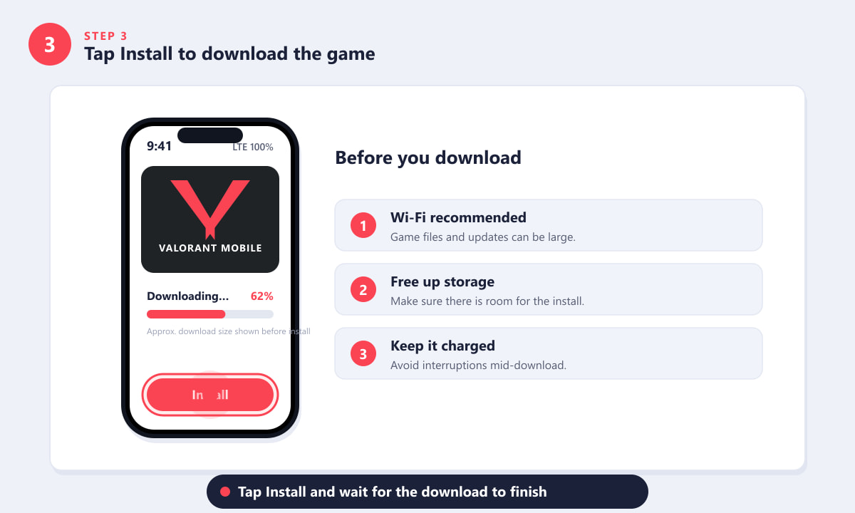 Tapping Install on the Valorant Mobile app page in the Google Play Store