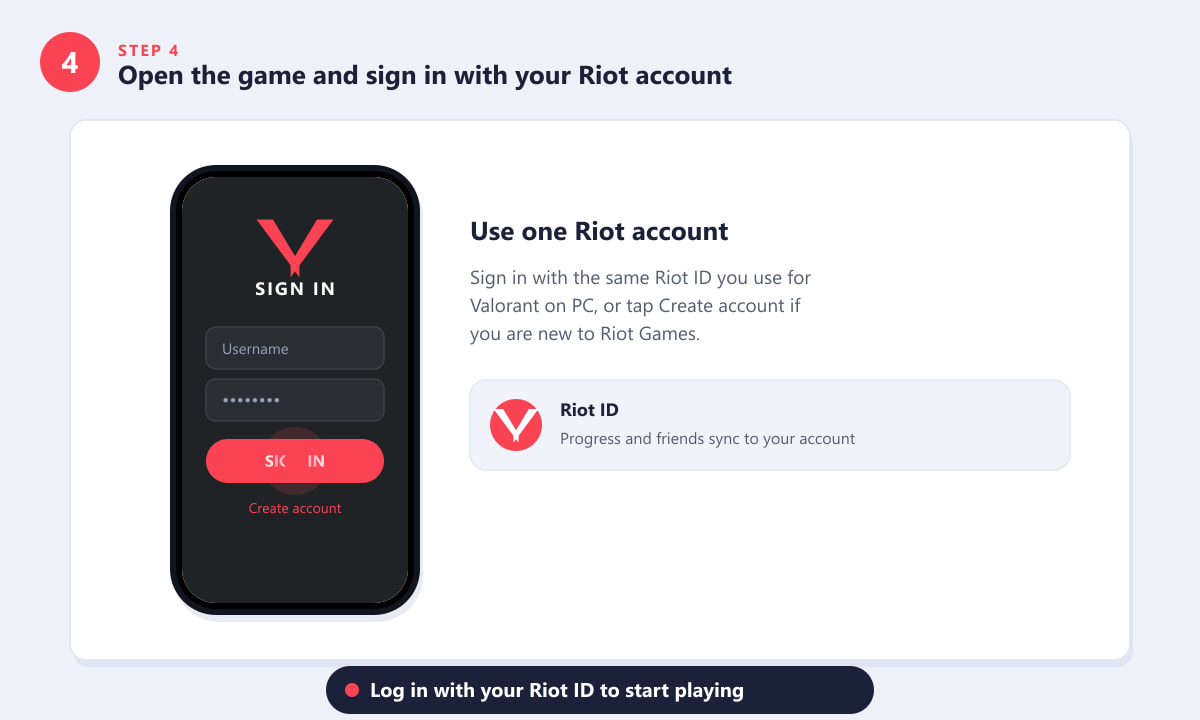 Signing in to Valorant Mobile with a Riot Games account on the login screen