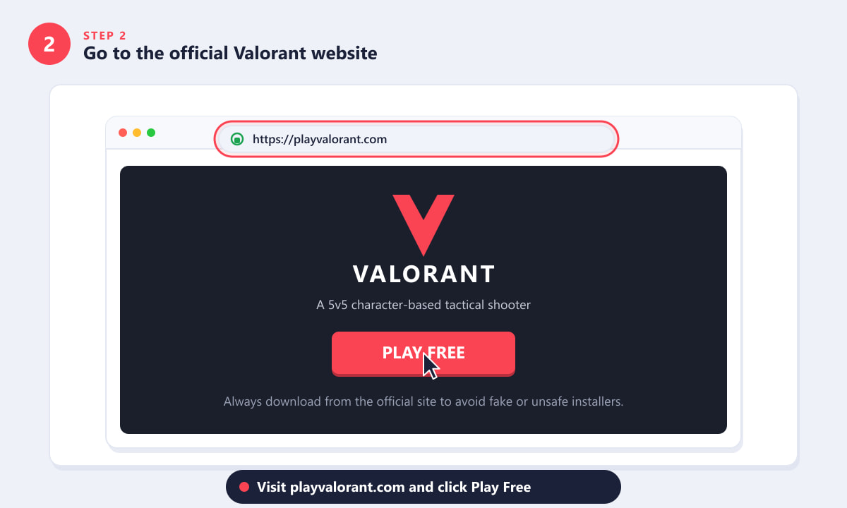 Valorant official website at playvalorant.com with the Play Free download button highlighted
