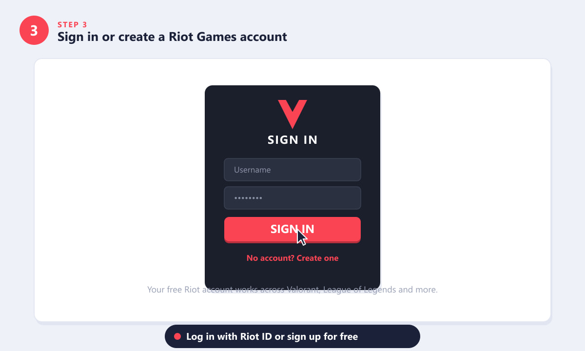 Riot Games sign-in page for creating or logging in to a Riot account before downloading Valorant