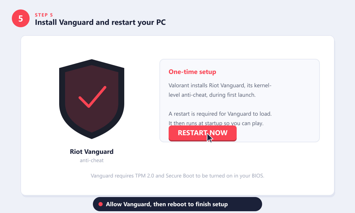 Riot Vanguard anti-cheat installation screen with a Restart Now button