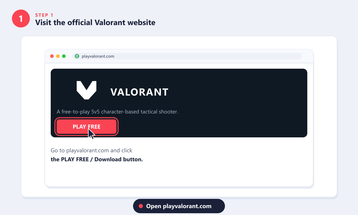 Clicking the Play Free button on the official playvalorant.com website to download Valorant