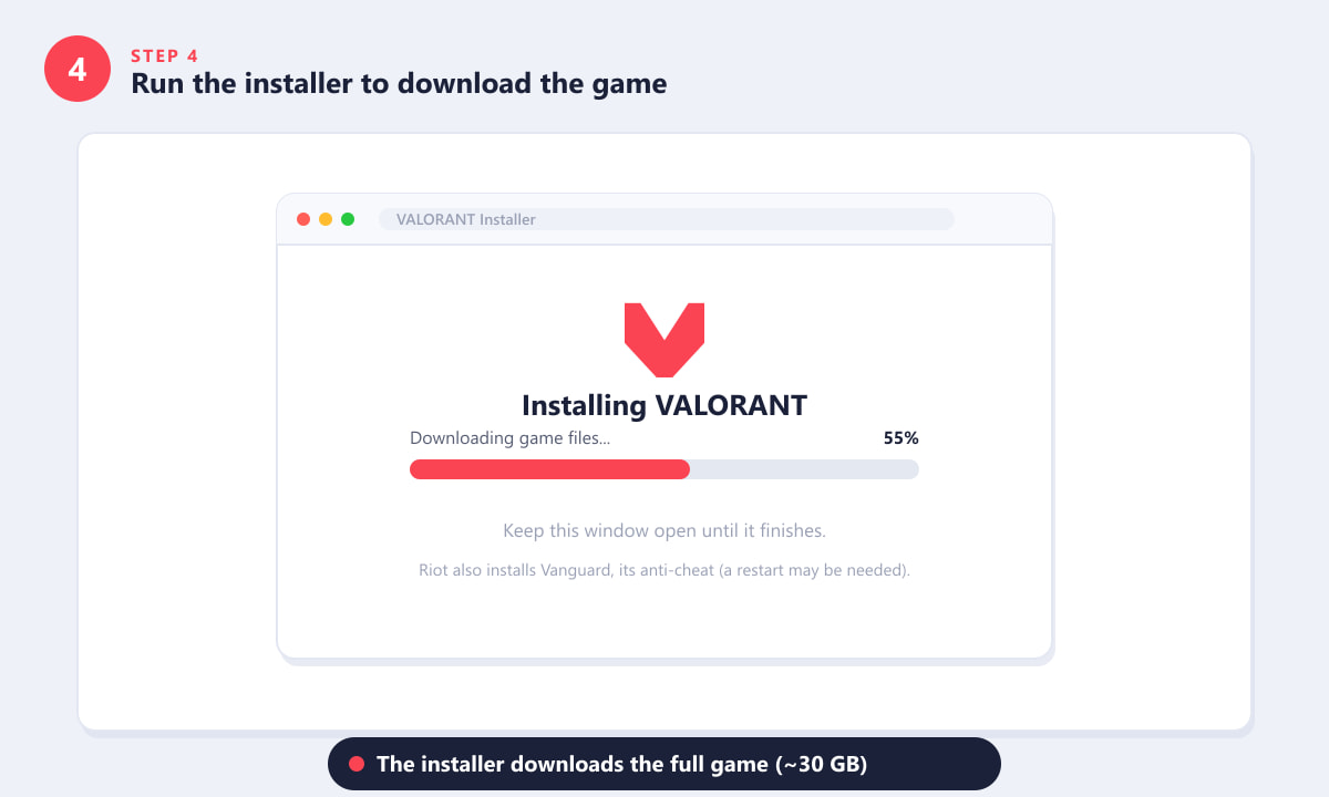 The Valorant installer running inside the Riot Client, showing a download progress bar at 55%
