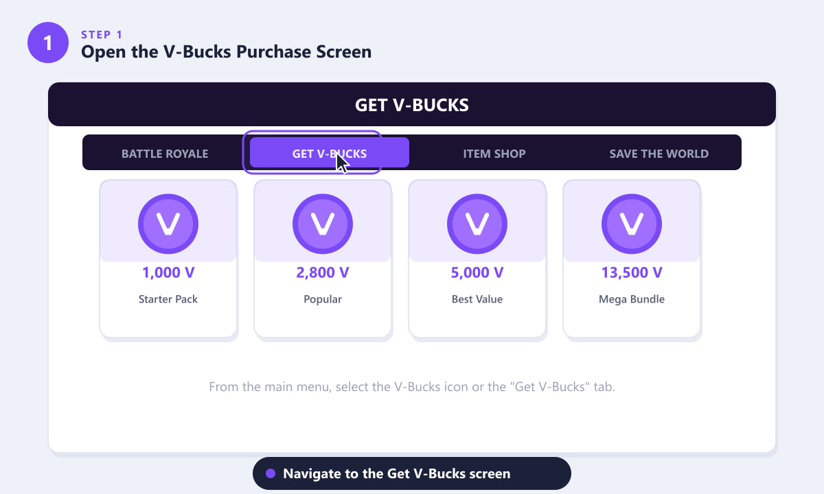 Membuka skrin pembelian Dapatkan V-Bucks dalam Fortnite yang menunjukkan pilihan pakej