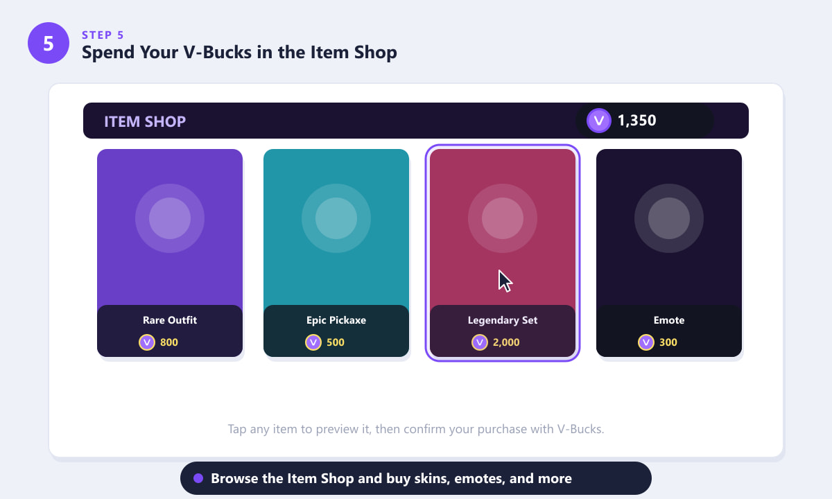 Kedai Barangan Fortnite yang menunjukkan pakaian, beliung, set legenda dan kad emote dengan harga V-Buck