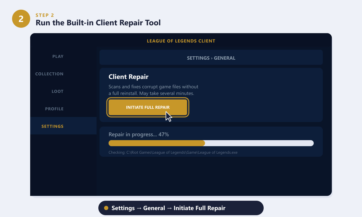 Using the League of Legends client repair tool in Settings under General