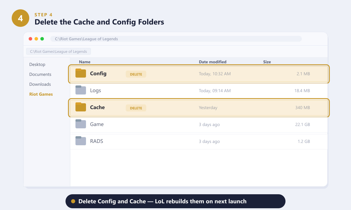 File Explorer showing the Config and Cache folders inside the League of Legends installation directory
