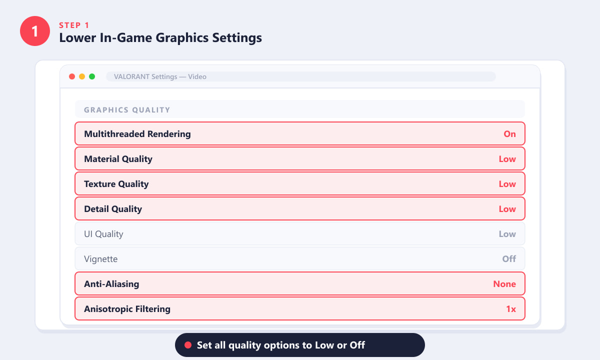 Valorant graphics settings panel with quality options set to Low for maximum FPS