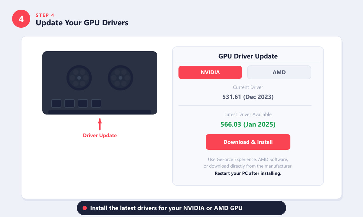 GPU driver update panel showing NVIDIA driver version upgrade for better Valorant FPS