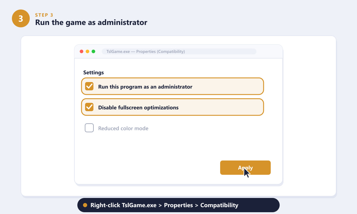 Setting PUBG TslGame.exe to run as administrator in the Compatibility tab