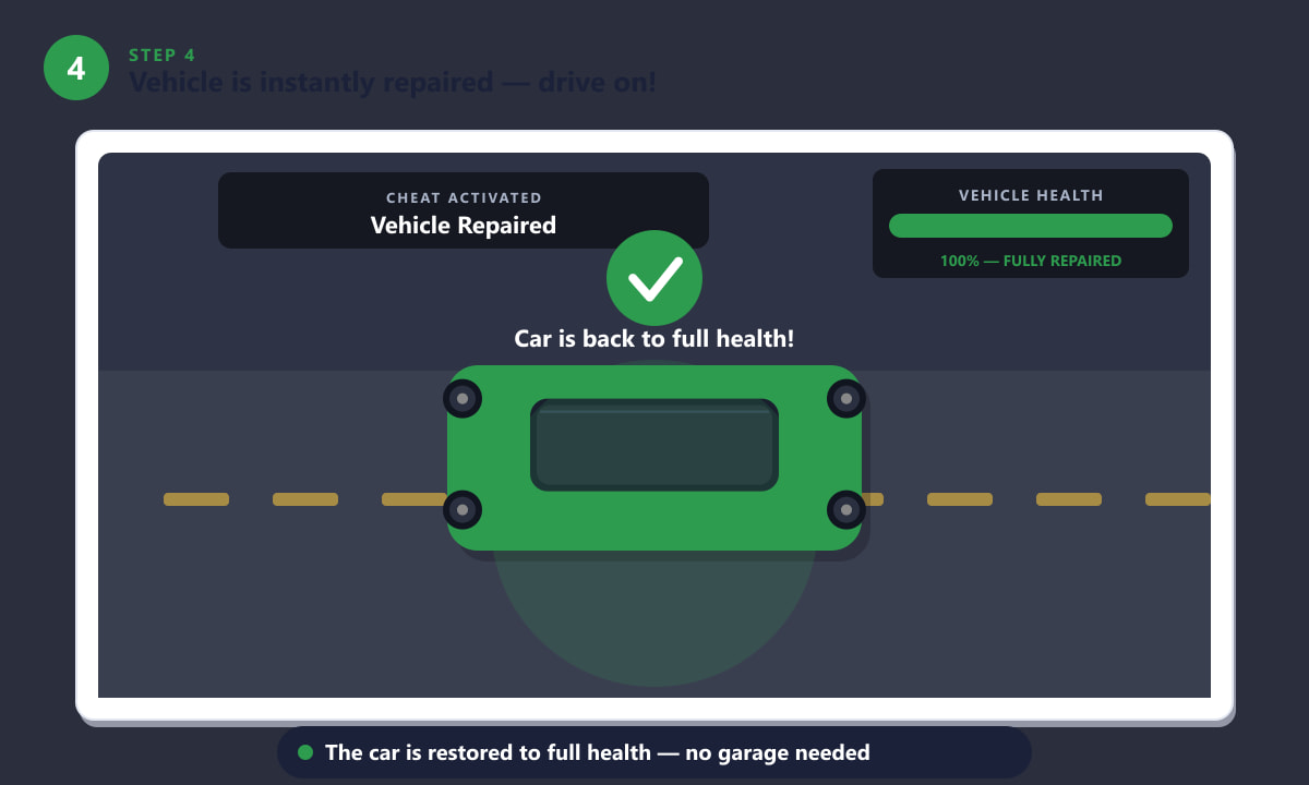 GTA 5 vehicle repaired and health bar showing 100% after entering the repair cheat code