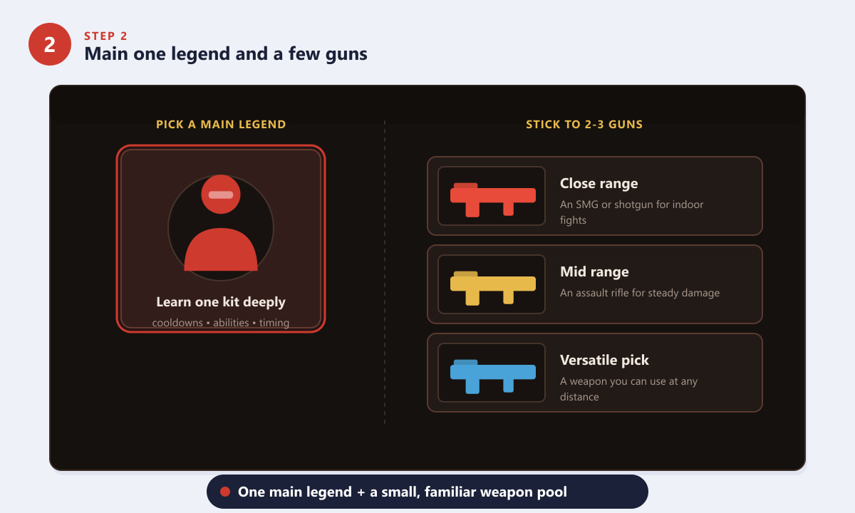Choosing a main legend and a focused two to three gun loadout in Apex Legends
