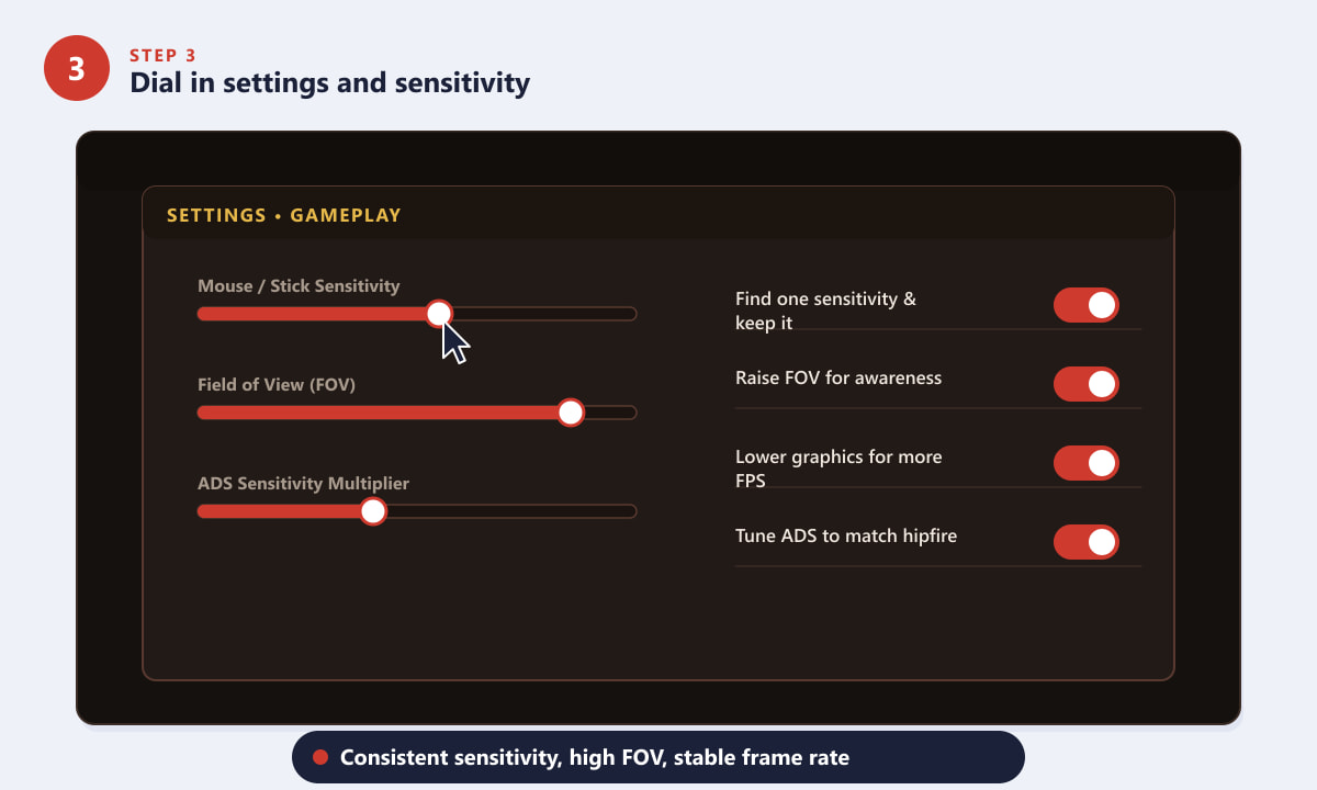 Apex Legends settings menu with sensitivity, FOV and ADS sliders to dial in
