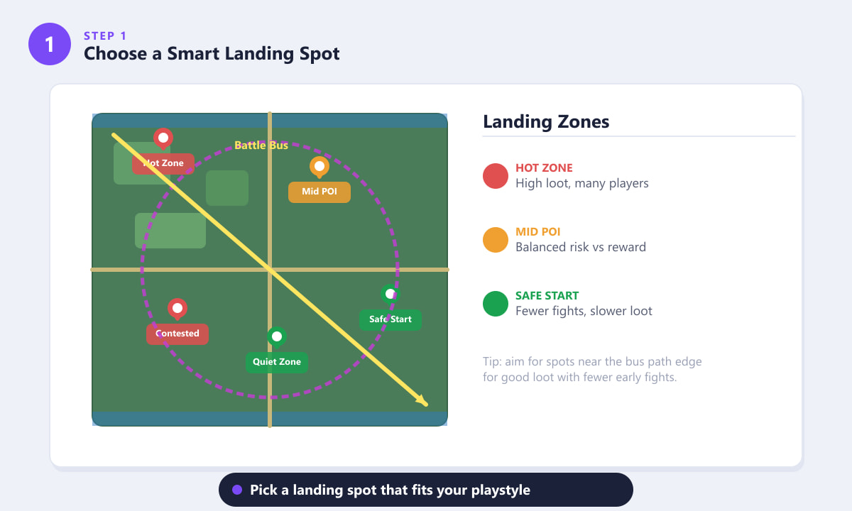 Fortnite map showing landing zones — hot zone, mid POI, safe start, and Battle Bus path