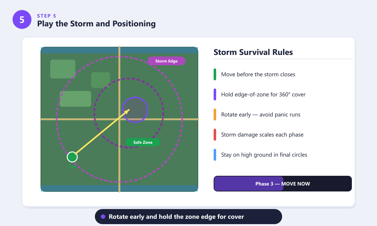 Fortnite map diagram showing storm circles shrinking and a player rotation path to the safe zone