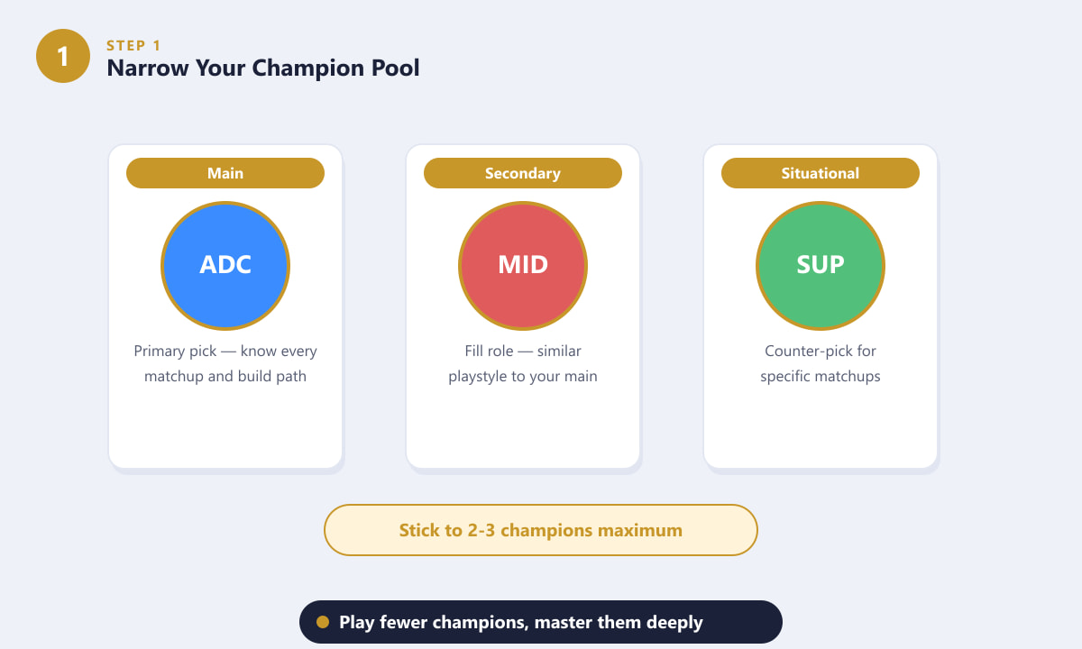Champion pool diagram for League of Legends improvement — main, secondary and situational picks