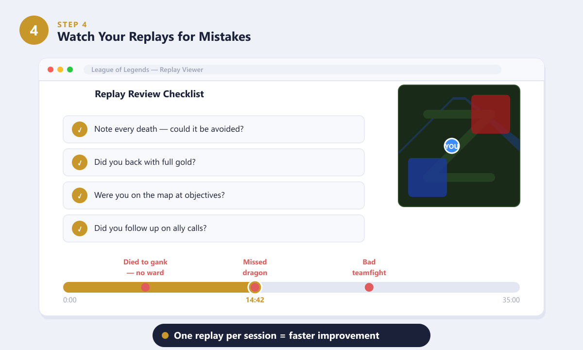 League of Legends replay viewer showing a timeline with annotated mistakes and a review checklist