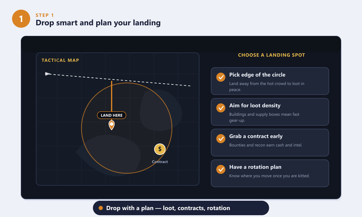 Warzone tactical map showing a drop path, safe zone, contract and a landing checklist