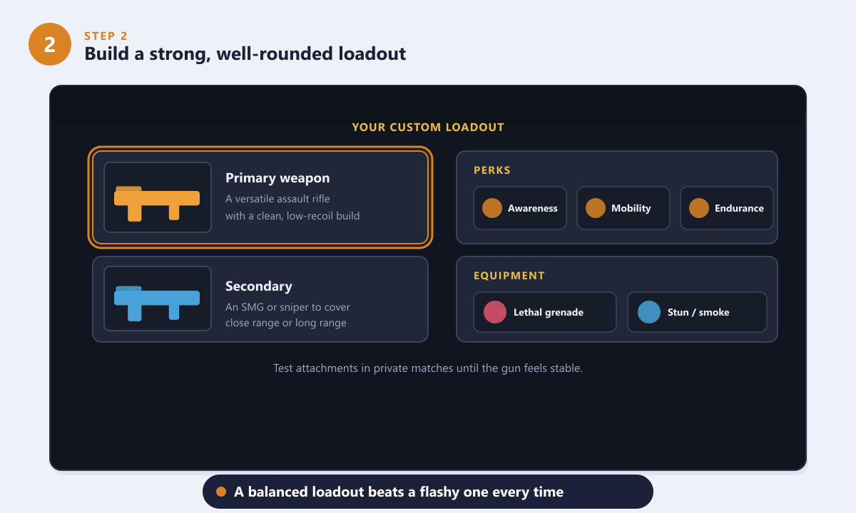 Warzone custom loadout card with primary weapon, secondary, perks and equipment