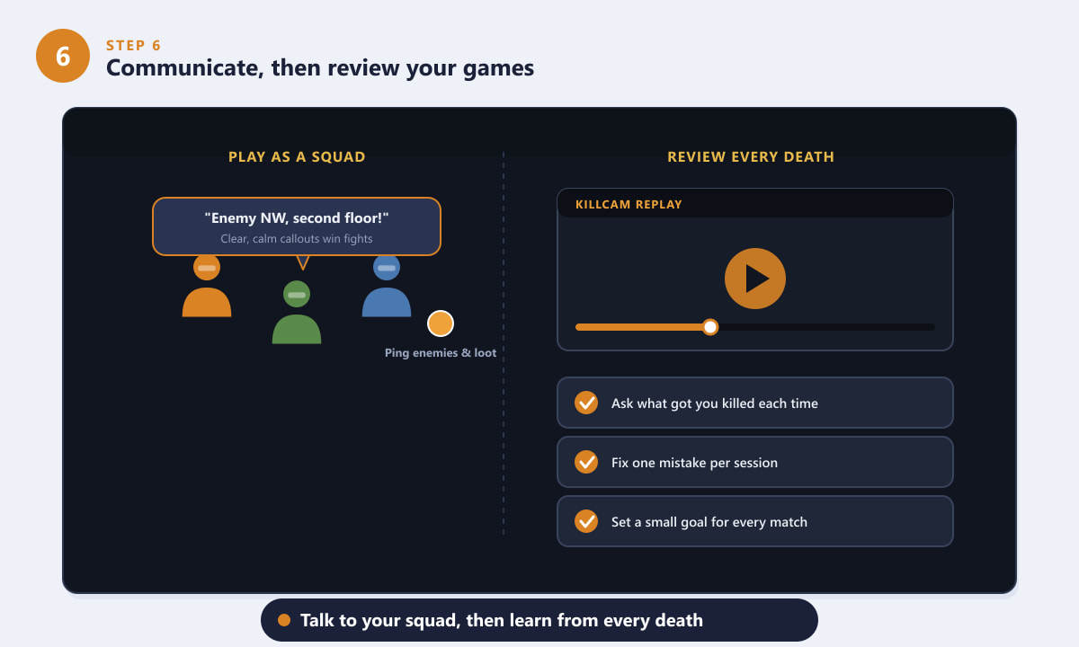 Warzone squad callout bubble next to a killcam replay and a review checklist