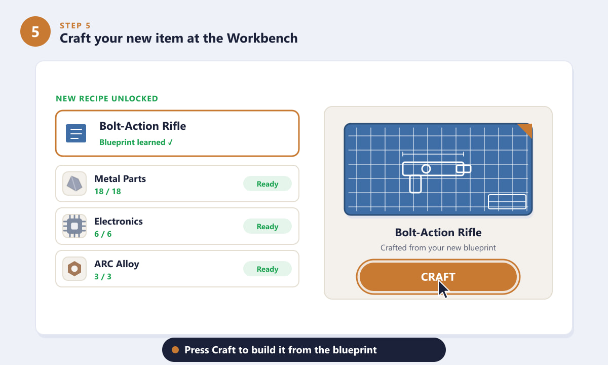 Crafting a newly unlocked blueprint at the ARC Raiders Workbench
