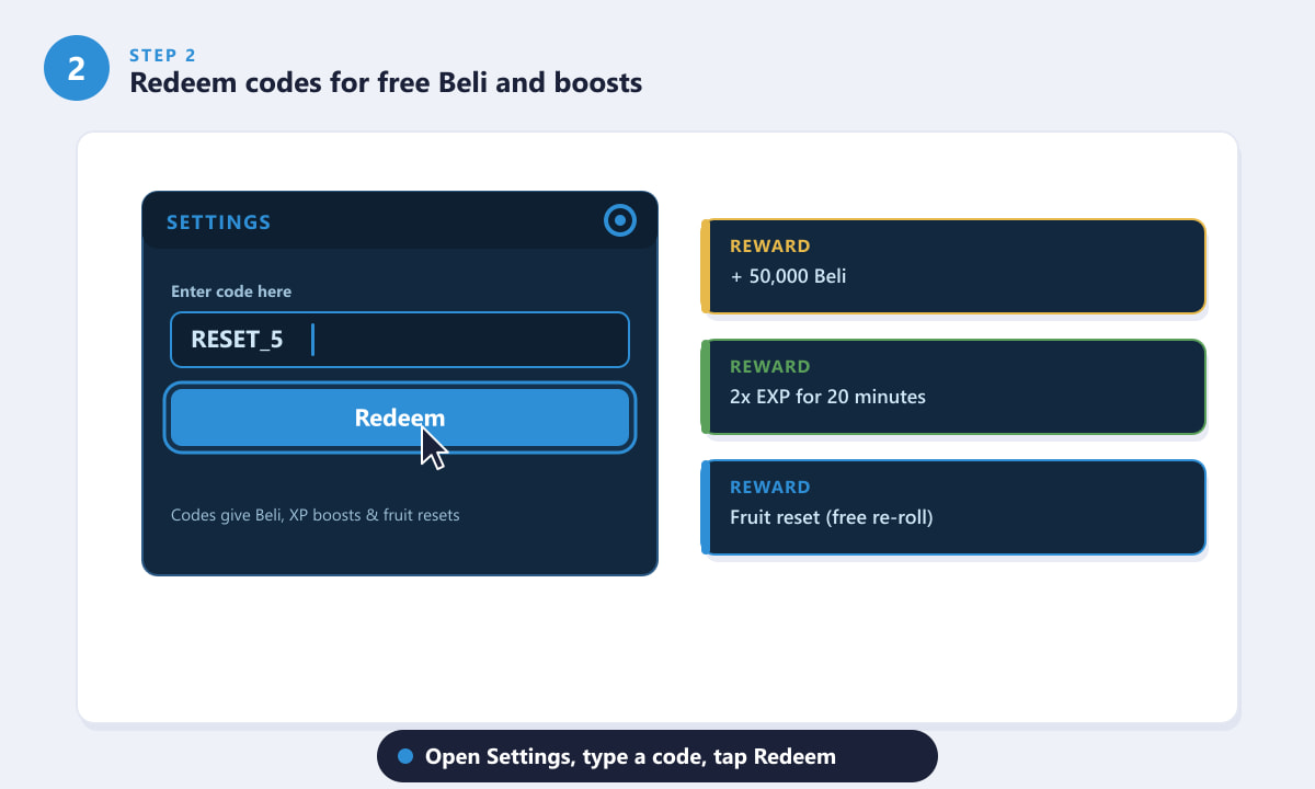 Redeeming a Blox Fruits code in the Settings menu for free Beli and boosts